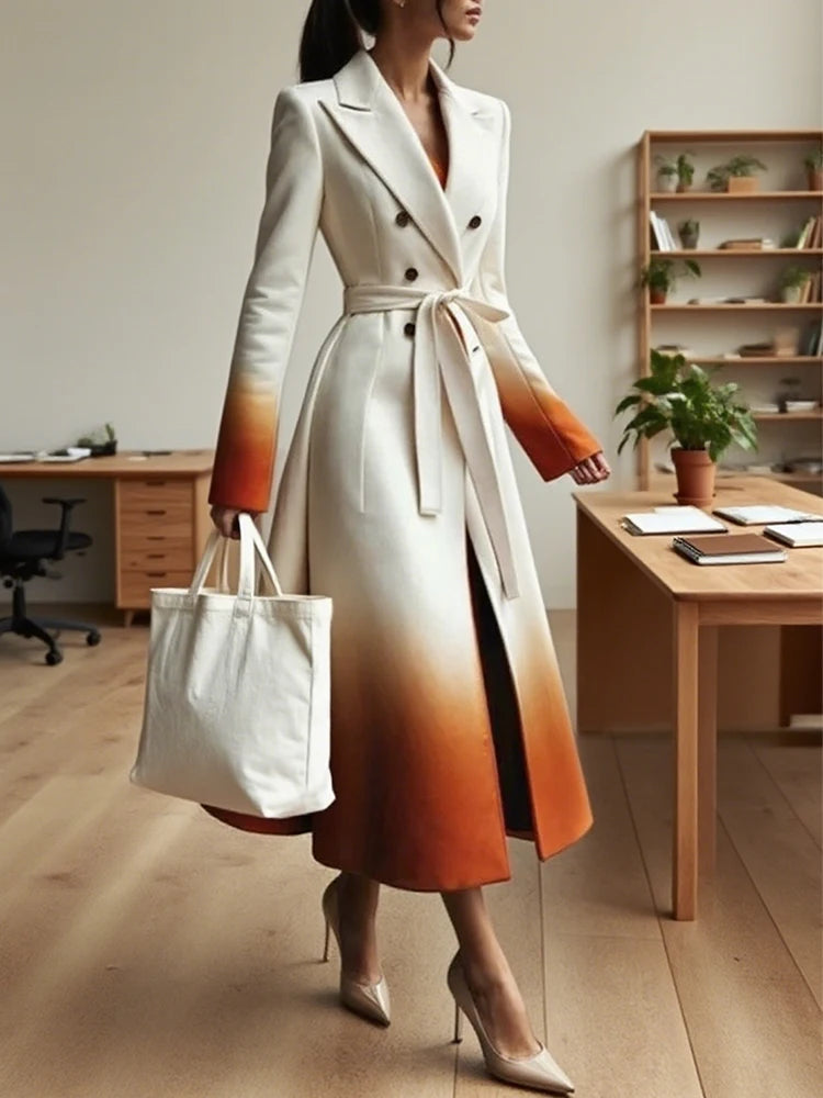 Beautyblue Fashion Women Gradient Outerwear Long Blazer Elegant Loose Tied Waist Buttoned A-Line Woolen Coat for Office Commute