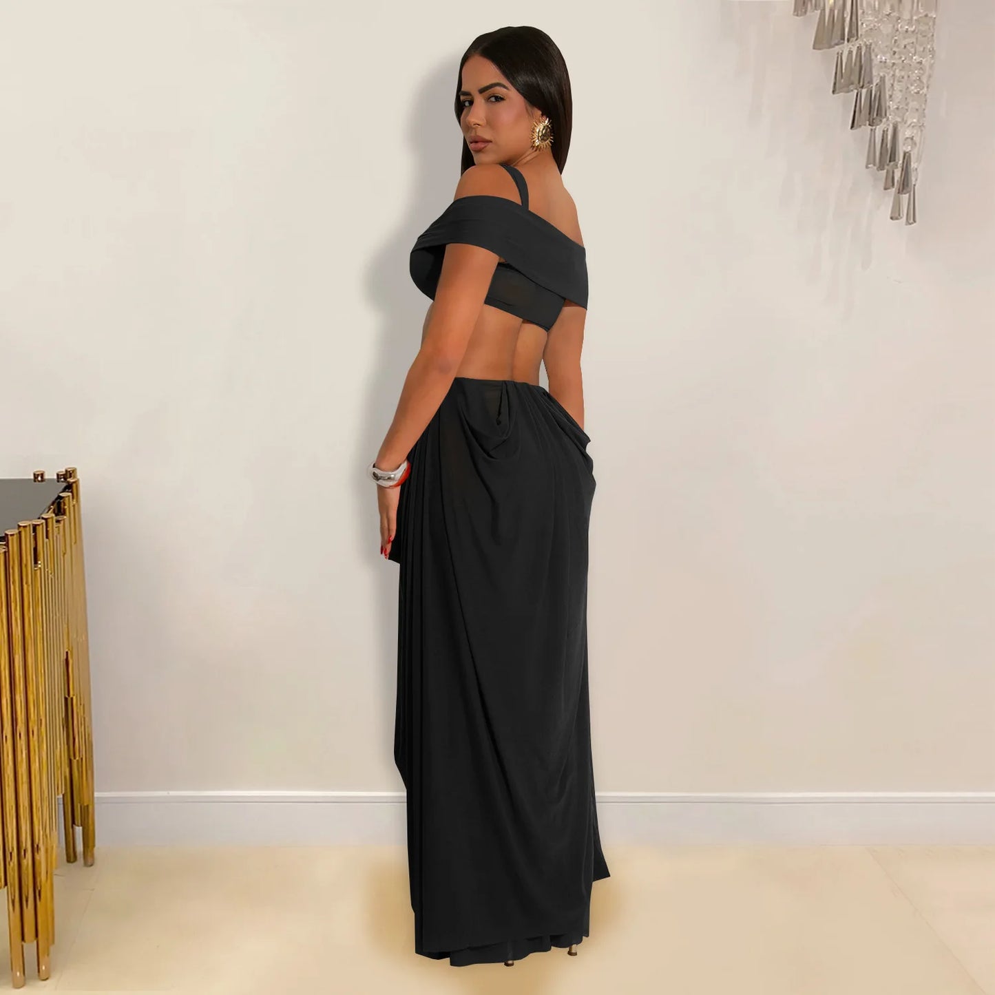 Joskaa 2025 Women's Elegant One Shoulder Strapless Mesh Irregular Maxi Dress Sexy Hollow Backless Skinny Evening Gown Clubwear