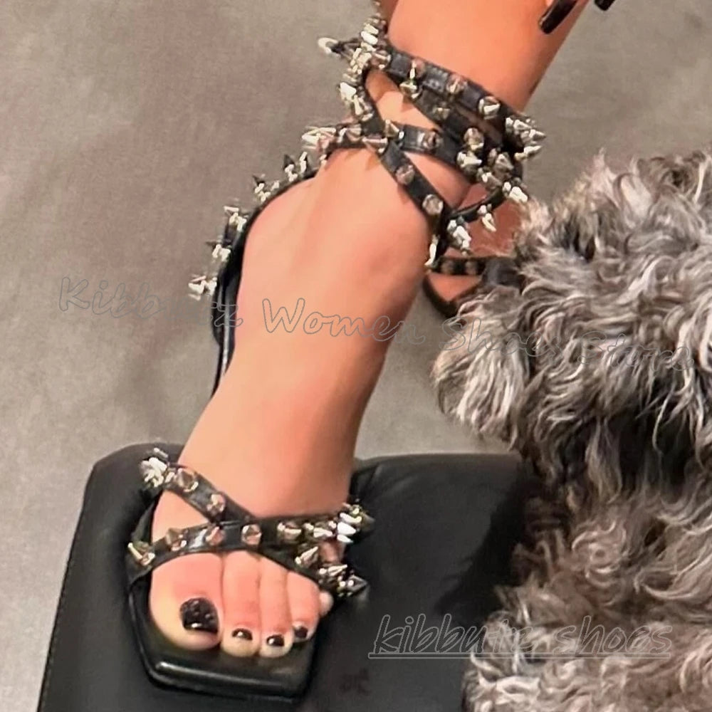Rivets Lace-Up Sandals Solid Color Gothic Punk Rock Fashion Elegant Concise Sexy Luxury Women Shoes New Square Toe Thin Heel New