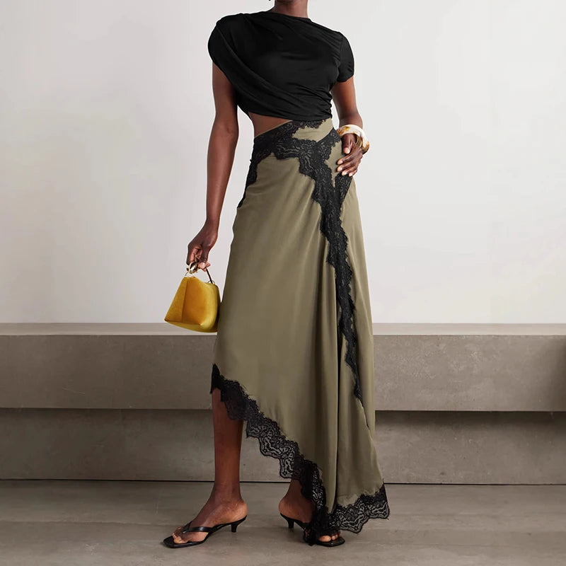 Summer O-neck Short Sleeved Long Dress Lace Patchwork Women's Evening Dress New 2025 Fashionable Hollow Irregular Maxi Dresses