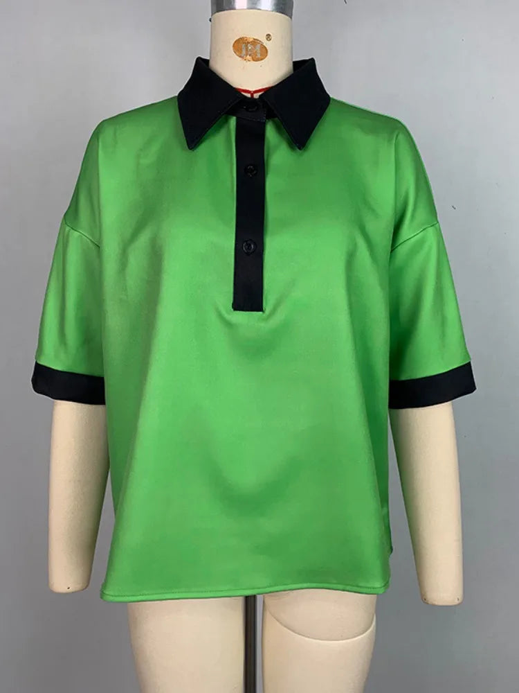Beautyblue 2025 Summer Polo T-shirt Chic Elegant Shirt Loose Half Sleeves Button High Street Cool Women's Fashion Blouses Tops