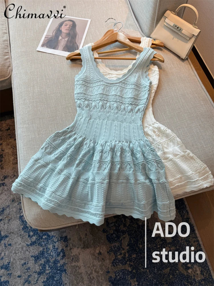 White Sweet A-line Ruffle Edge Knitted Vest Dress Women's Summer French Fashion Slim Temperament Sexy Girl Hollow Short Dress