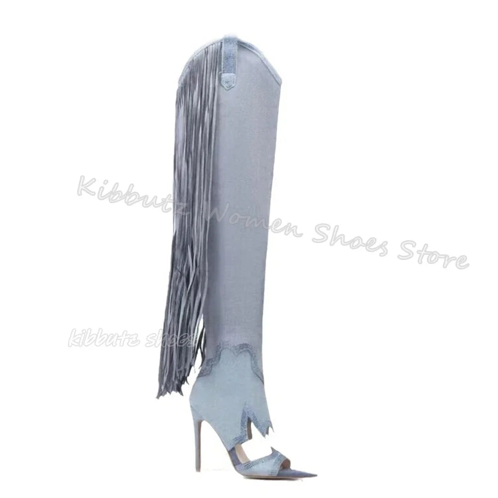 Fringe Over The Knee Sandal Boots Suede Fashion Novelty Sexy Elegant Comfortable Women Shoes New Pointed Toe Thin Heels Slip-On