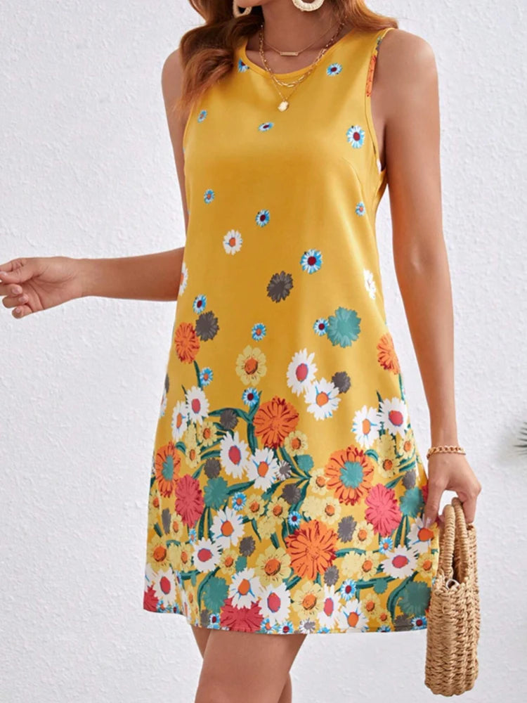 Fashion temperament women's positioning floral print sleeveless round-neck dress, summer women's back keyhole button dress