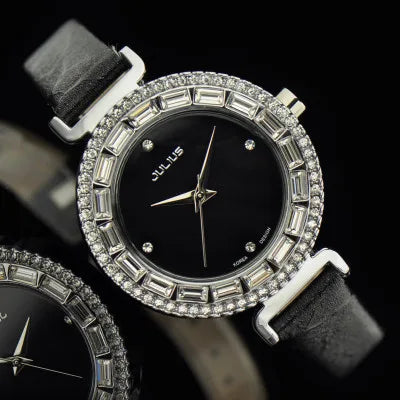 Mother-of-pearl Rhinestones Julius Lady Women's Watch Fashion Hours Bracelet Real Blue Leather Girl's Birthday Gift Box