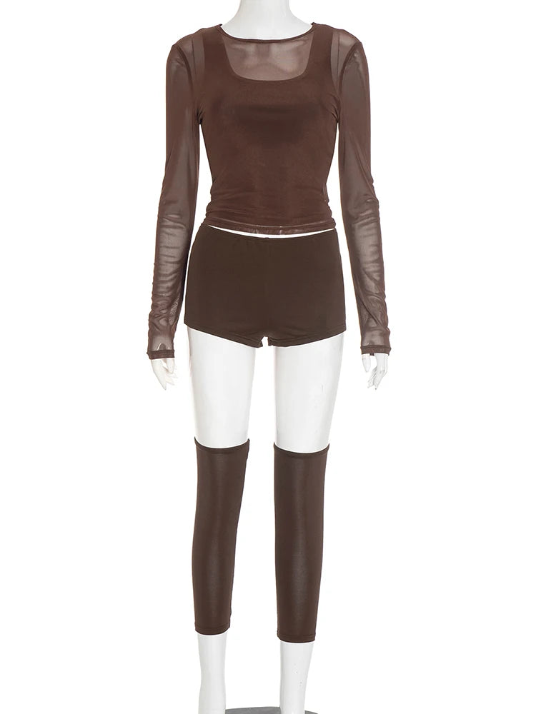 Weird Puss Sexy Casual 3 Piece Set Mesh Full Sleeve o-Neck Crop Tops+Shorts+Foot Cover Matching Autumn Trend Streetwear Outfits