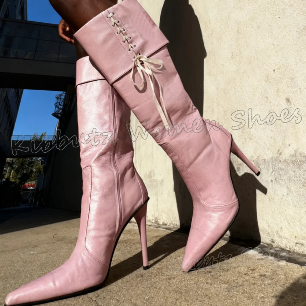 Knee High Satin Boots Spicy Girls Lace-Up Leather Solid Color Fashion Luxury Elegant Women Shoes Concise Pointy Thin Heels New