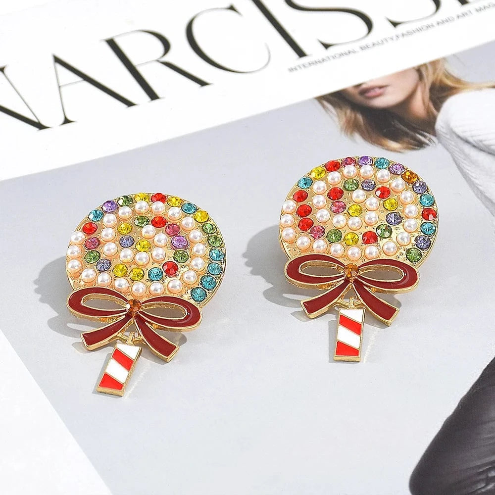 Lovely Multicolor Crystal Candy Earrings for Woman Girls Sweet Cute Imitation Pearl Lollipop Earrings Holiday Jewelry Gifts