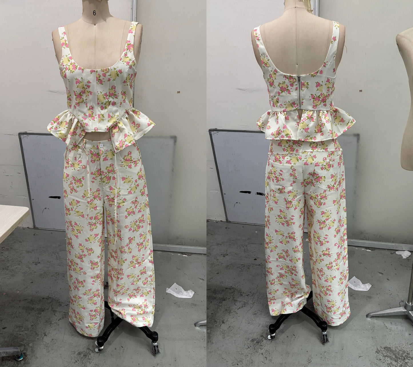 Floral Print Ruffle Wide Leg Pants Two Piece Set For Women