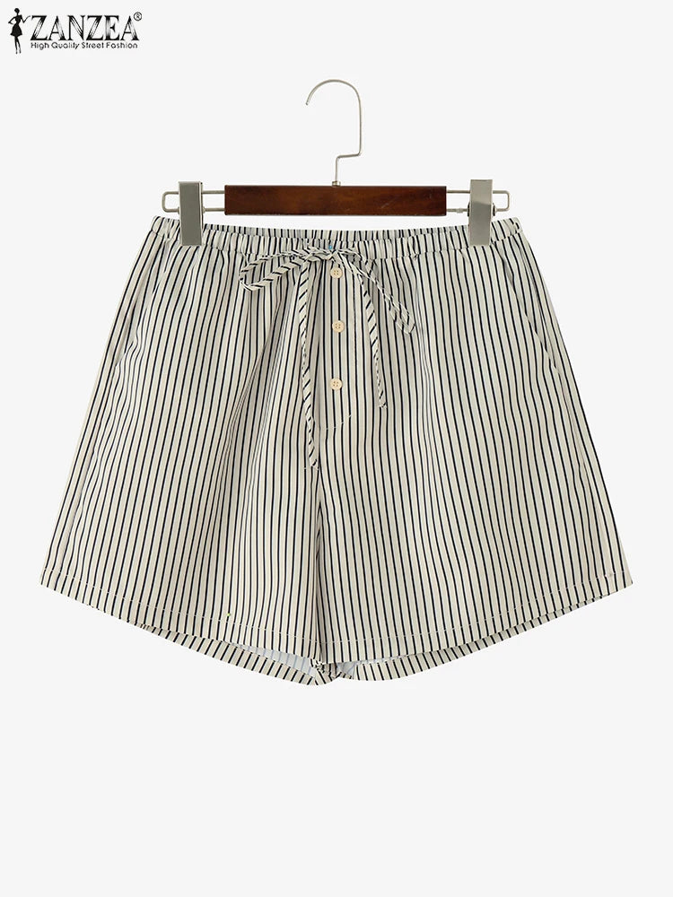 ZANZEA Woman Fashion Striped Shorts 2025 Summer Lightweight Elastic Waist Lace-Up Short Trousers Casual Loose Day Wear Bottoms