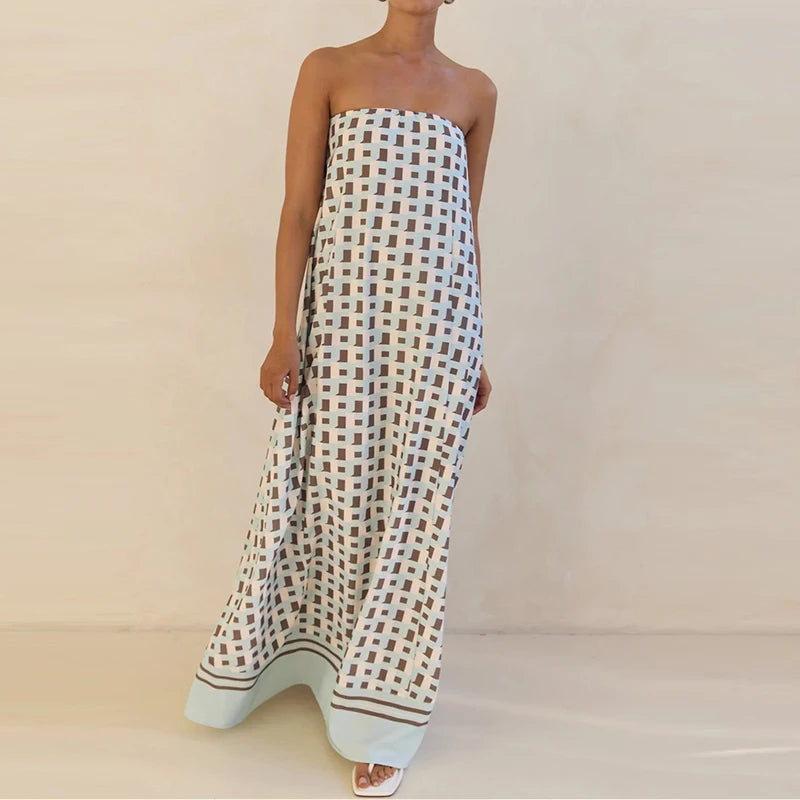 Casual Off Shoulder High Waist Loose Long Dress Backless Printed Holiday Women Dresses Summer Sexy Strapless Pleated Beach Dress
