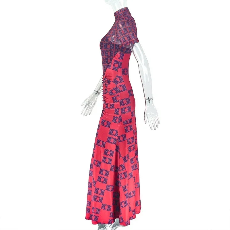 Women's Gauze Spliced Turtleneck Short Sleeve Pleated Waistband Irregular Long Dress, Hips Wrapped