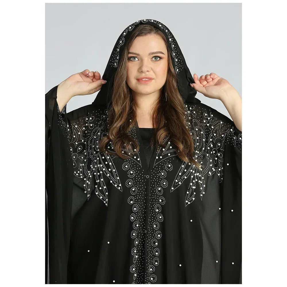 New Style Embroidered Beaded Diamond Stitching Muslim Dress African Large Size Women's Clothing Hooded Long Gown
