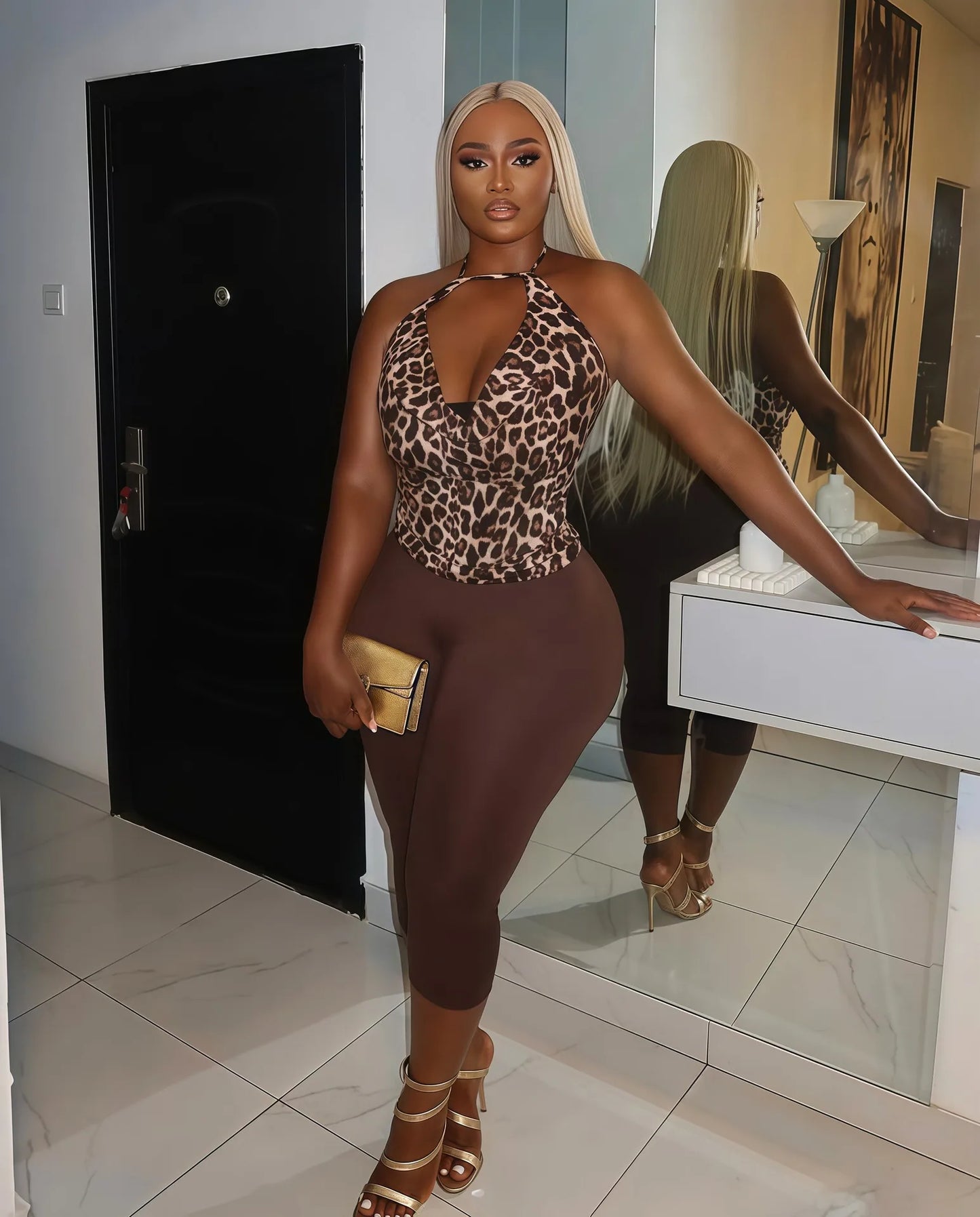 CM.YAYA Fashion Women's Set Sleeveless Halter Leopard Print Tops + Shorts 2025 Summer Sporty Two 2 Piece Sets Outfits Tracksuit