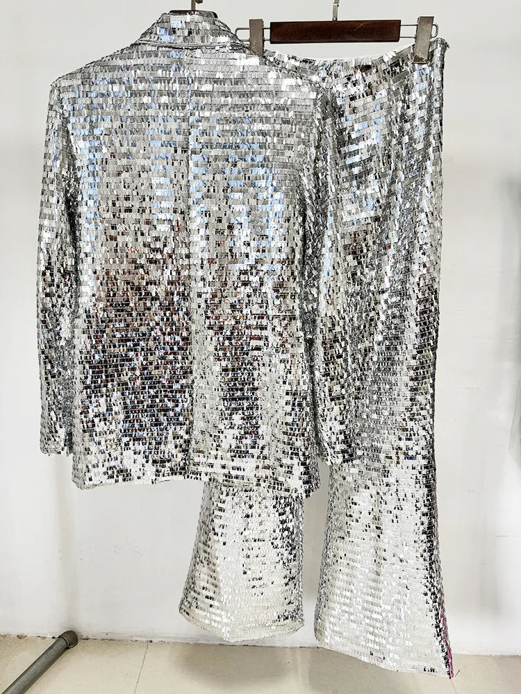 HIGH STREET Newest 2025 Stylish Designer Suit Set Women's Trim Single Button mesh Sequined Blazer Pants Set