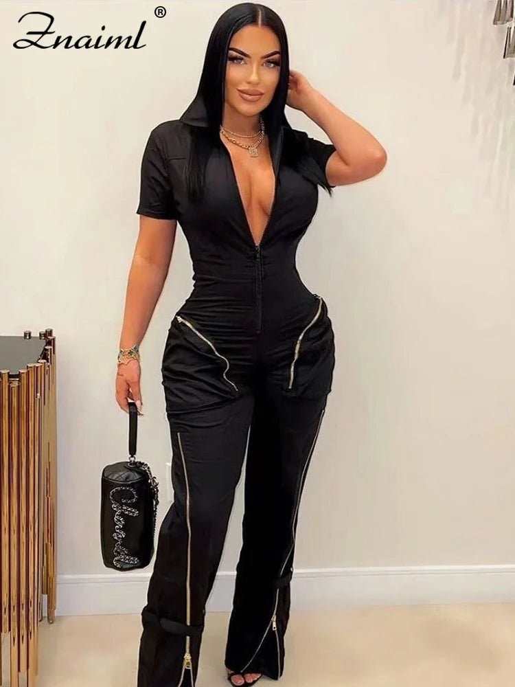 Znaiml Safari Style Short Sleeve Zipper Pocket Jumpsuit Women Fashion Cargo Pants One Piece Overalls Streetwear Playsuit Rompers
