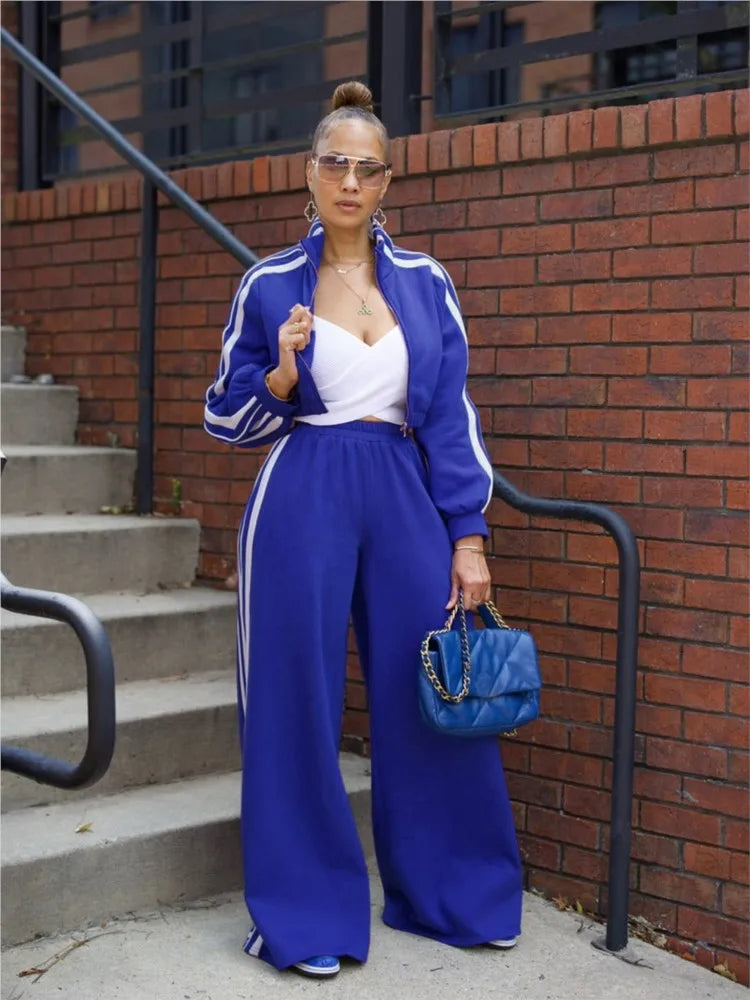 Striped Zip-Up Hoodie and Wide-Leg Pants Set for Women
