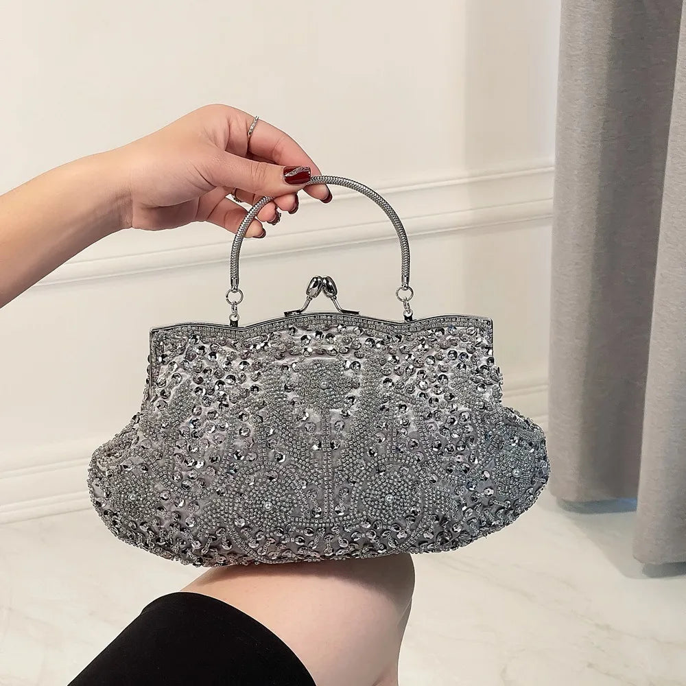 Fashion Glitter Clip Evening Purse Bead Embroidery Clutch Crossbody Bag Women Banquet Bridesmaid Wedding Party Tote Shoulder