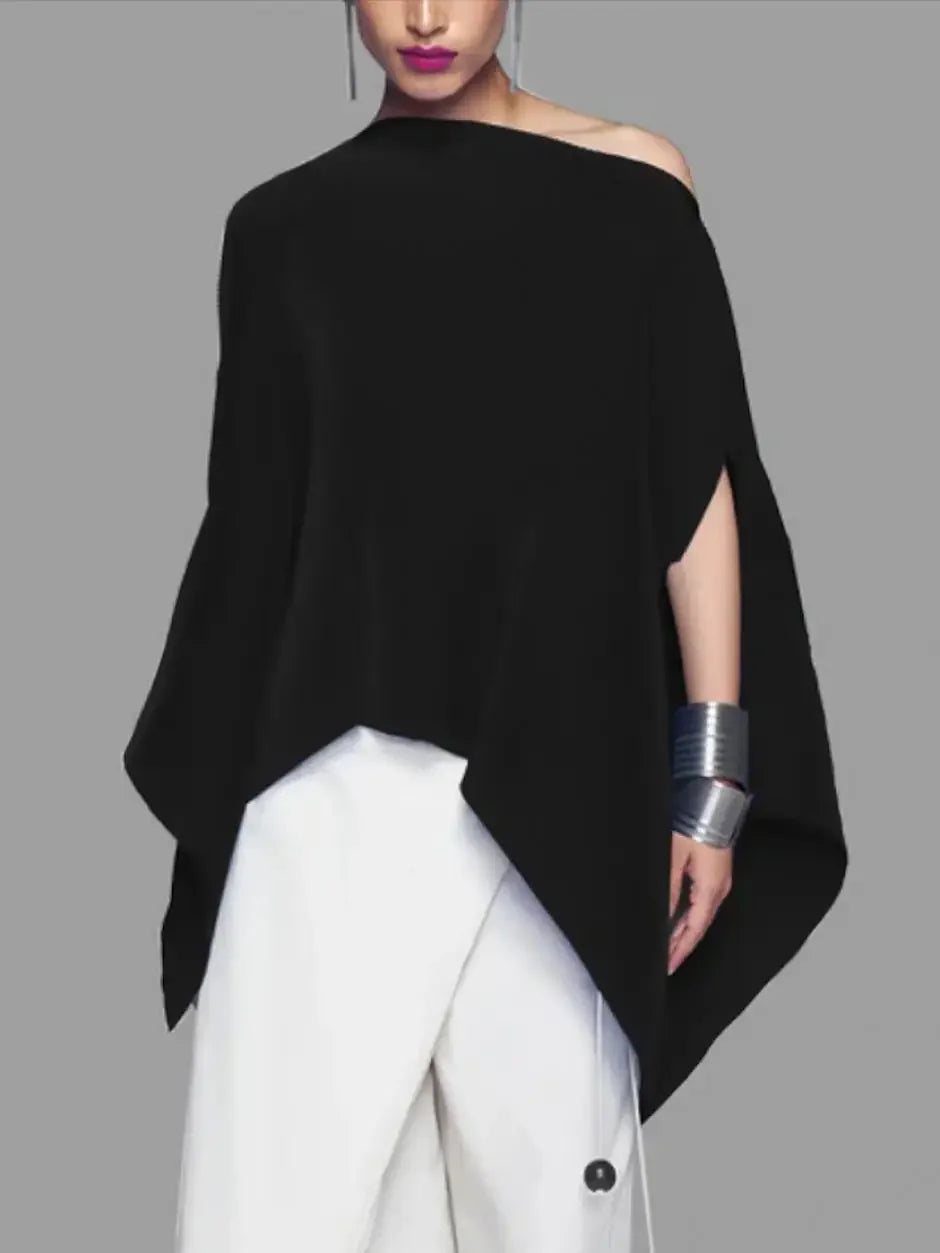 Beautyblue Black Women's T-Shirts Asymmetric Batwing Sleeves Tops New Casual One-Shoulder Loose Comfortable Female Blouses