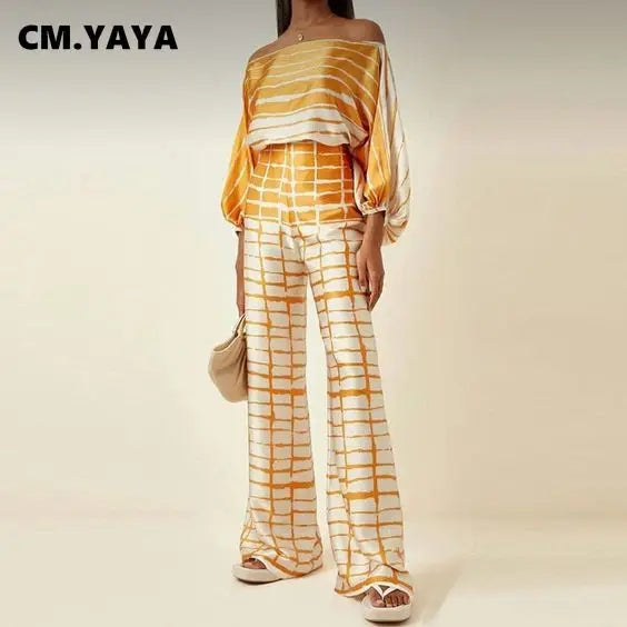CM.YAYA Women Set Full Batwing Sleeve Slash Neck print Top + Wide Leg Pants Summer Street Two 2 Piece Sets Sexy Outfit Tracksuit
