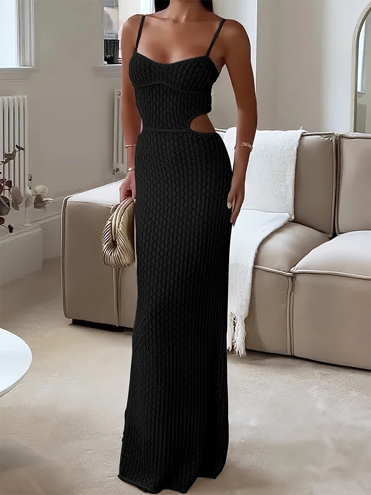 2024 Sexy See-through V Neck Cut Out Knit Beach Maxi Dress Summer Women's Holiday Elegant Outfit Swimsuit Cover Up Tunic A3094