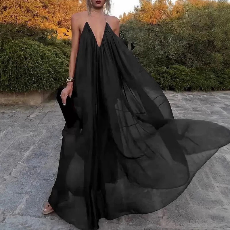 Sexy Women's Backless Wedding Guest Dress 2025 Summer Vacation Solid Color Long Dress Casual Low Cut V-neck Pleated Party Dress