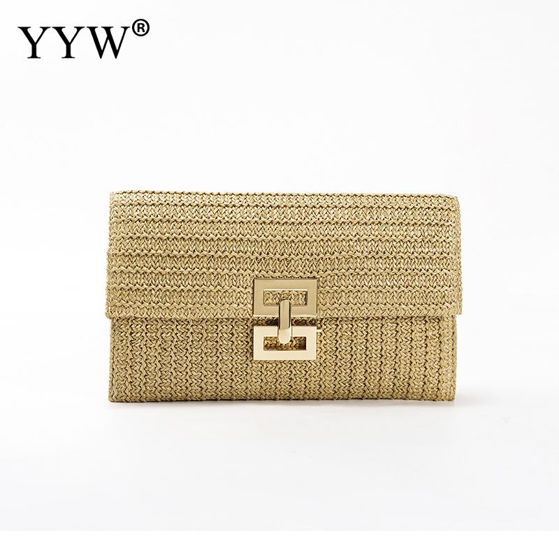 Straw Envelope Evening Party Handbag Fashion Women Weave Pattern Gold Clutch Messenger Purses Lady Daily Commuting Wallet Bags