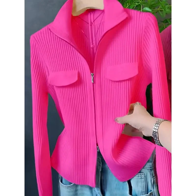 Fashion Zipper Short Knitted Cardigan Sweater 2025 Spring Autumn New Korean Versatile Coat Top Turn-Down Col Sweater Solid Color