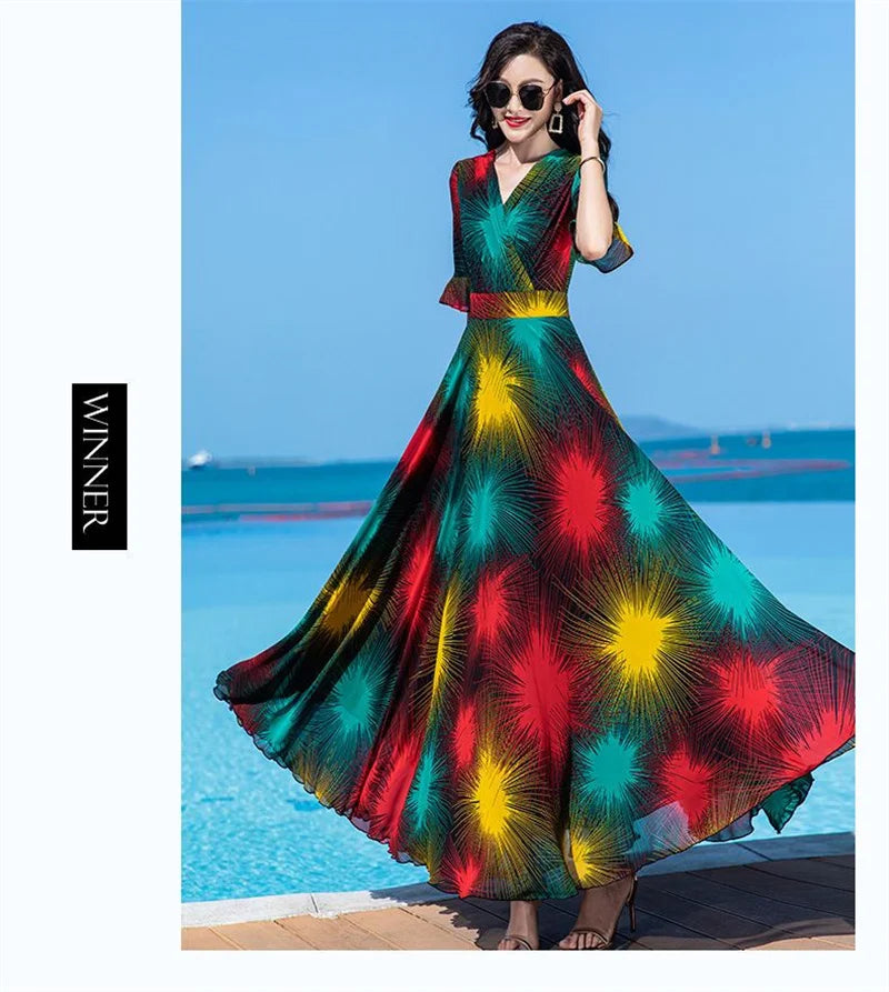 Floral Dress 4XL Women's 2025 Summer Chiffon V-Neck Dress High end Style Celebrity Splice A-line Skirt for Women Elegant Mujer