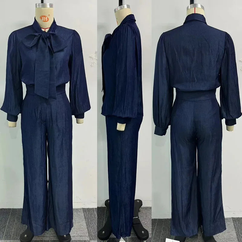 Lmitation Denim Pant Sets Womens 2 Piece Outfit Loose Fit Lantern Sleeve Bow Tie Shirt Top and Wide Leg Pants Matching Sets