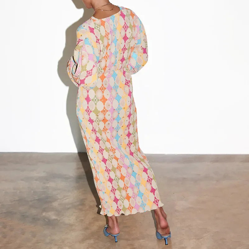 Elegant Printed Long Dress Women's Sleeveless V-neck Lantern Sleeve Midi Dress Cross-Border Fashion Casual Elegant Style