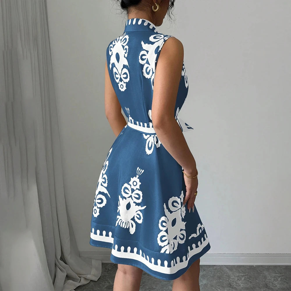 Plus Size Womens Printed Sleeveless Buttons A-Line Shirts Dress Summer Ladies Turn Down Collar Casual Holiday Sundress SizeS-2XL