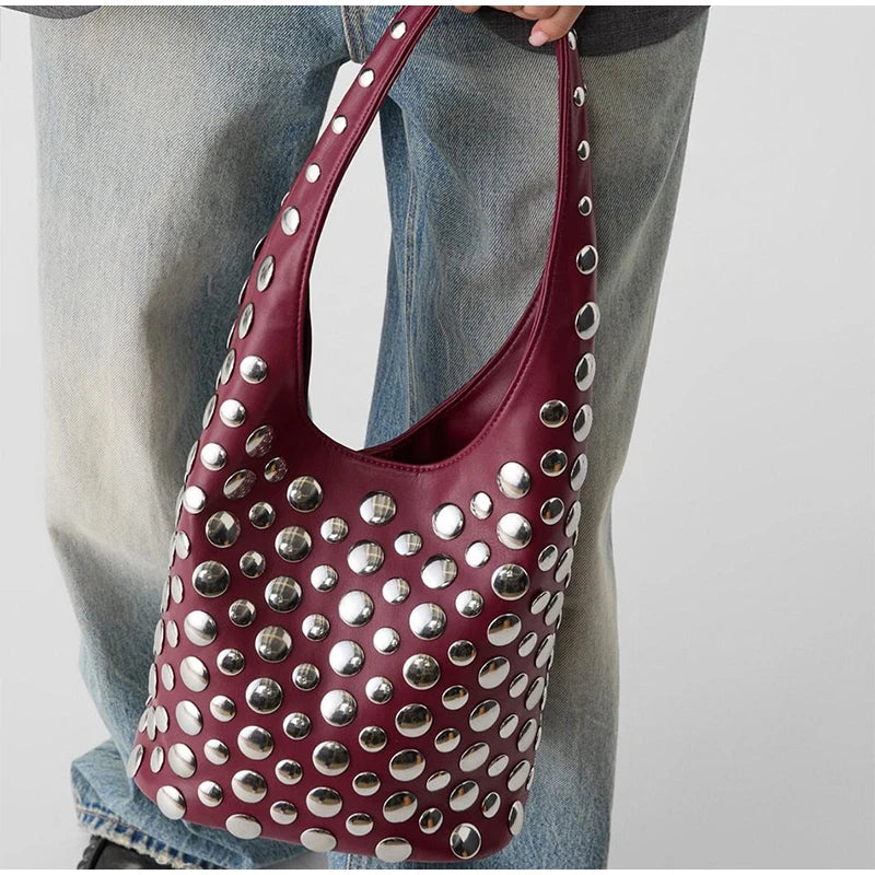 New Rivet Series Bucket Bag Motorcycle Texture Trendy Handbag Tortoise Shell Sequins Versatile Simple Fashion Soft Bag Lady Bag
