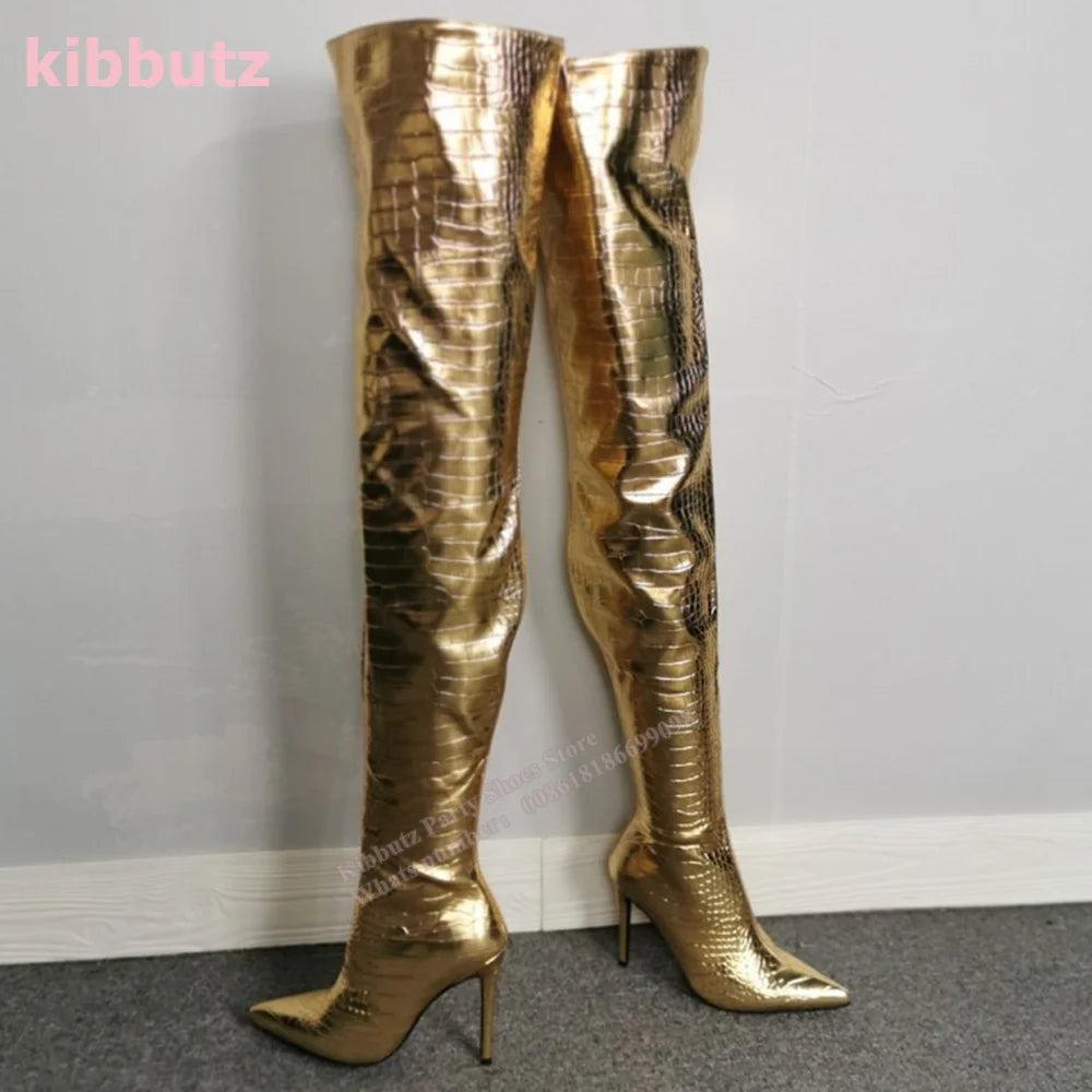 Golden Boots Over The Knee Crocodile Pattern Patent Leather Pointed Toe Thin Heel Nightclub Sexy Fashion Women Shoes 2023 Newest