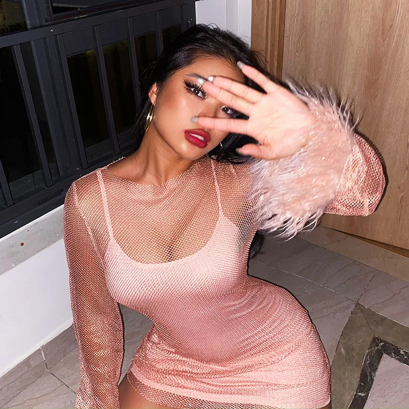 See Through Mesh Mini Dress Women Autumn Black Long Sleeves O-Neck Bodycon Elegant Sexy Dress Club Partywear Fashion Streetwear