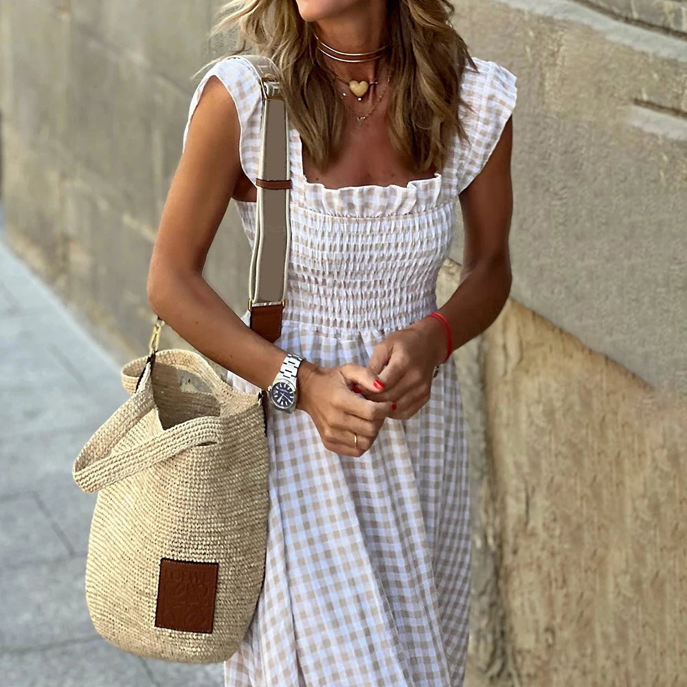 Women's Check Plaid Sleeveless Square Neck A-Line Maxi Dress Summer Ladies Casual Vacation Holiday Beach Sundress Size S-2XL