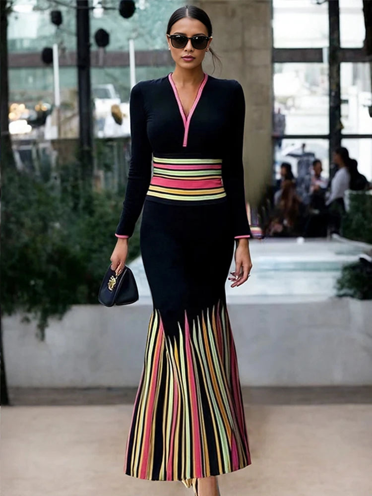 2025 Ladies Bodycon Dress V-neck Long Sleeves Colorful Striped Evening Dresses for Women High Waist Pleated Dress