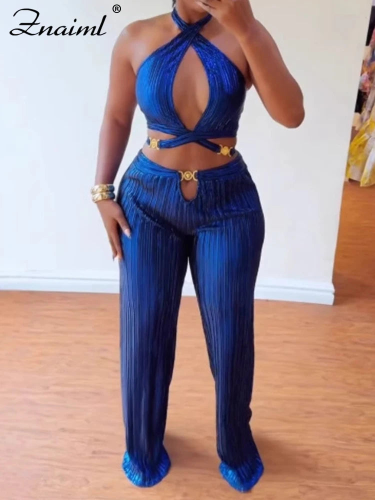Znaiml Sexy Hollow Out Bandage Halter Sleeveless Backless Crop Tops and Wide Leg Pants Two 2 Piece Sets Women Night Club Outfit