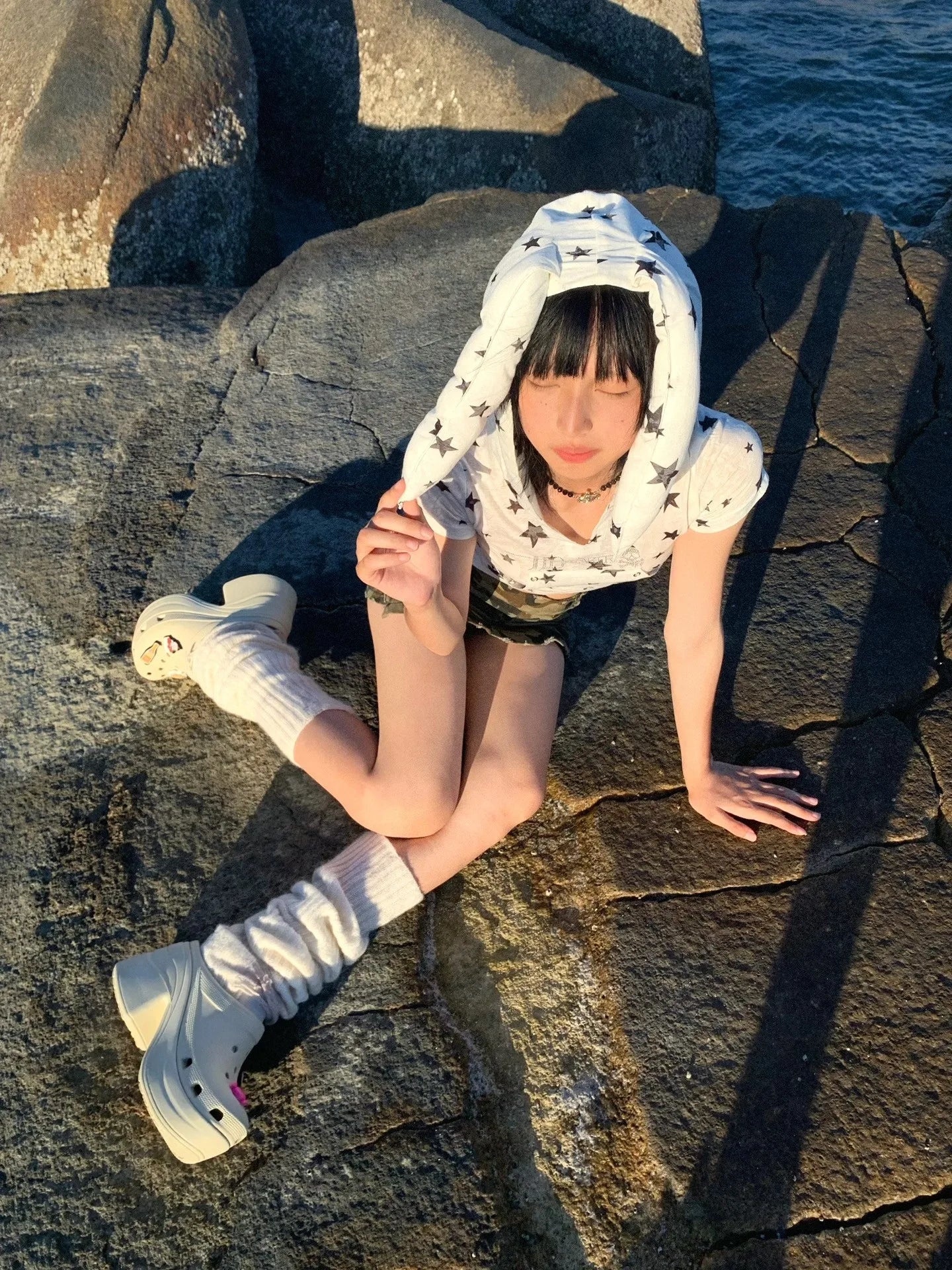 Karrram Japanese Y2k Hooded T-shirt Vintage 2000s Style Rabbit Ears Tops Harajuku Star Print Short Sleeve T Shirt Korean Popular