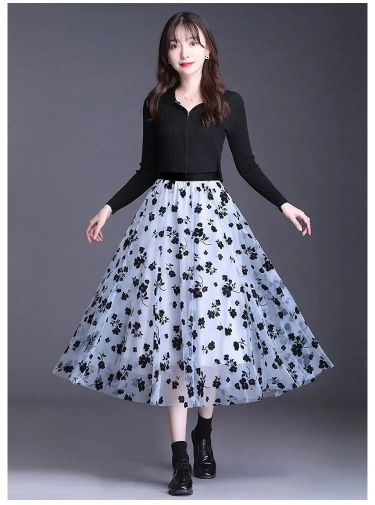 Flocking Floral Pirnted Long Mesh Skirt for Women, High Waist, Max Pleated Tutu, Tulle Skirt, Gauze Skirt, Female, 2025