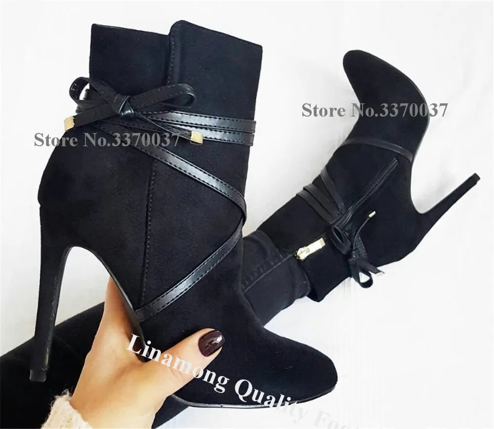 Black Suede Strappy Stiletto Ankle Boots for Women