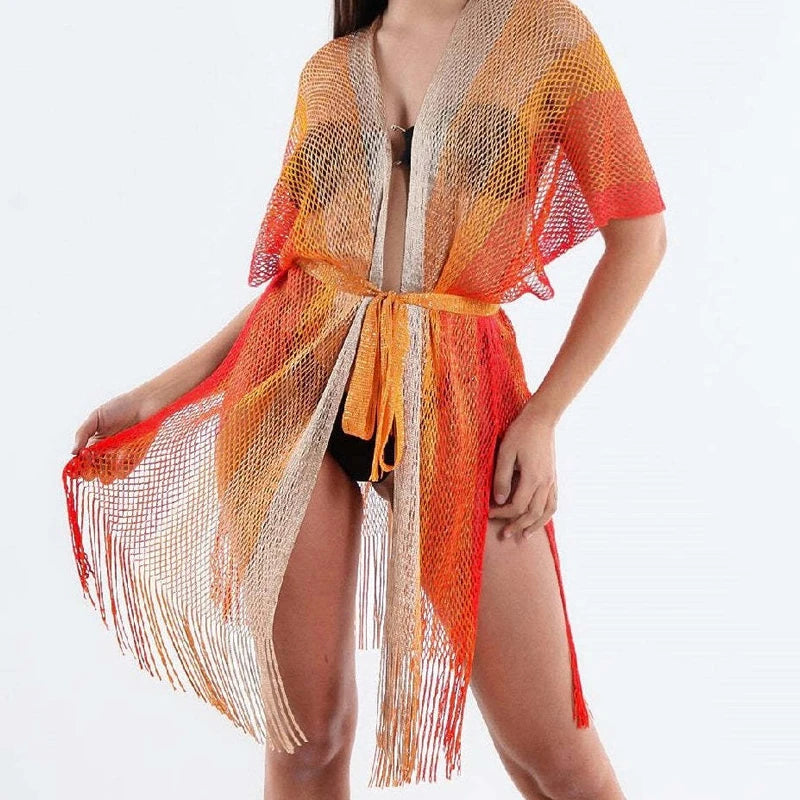 Women 2025 Tassel Style Transparent Party Robe Streetwear Short Sleeve knit Clothes Fashion Striped Colorful Belt Cardigan Dress