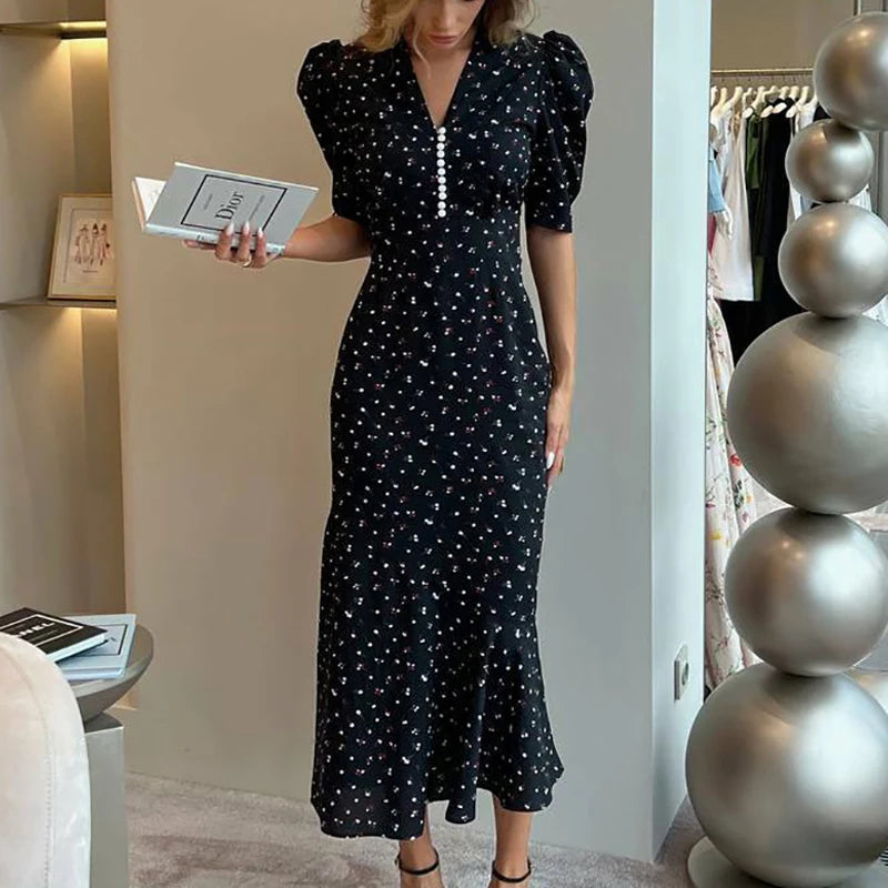 Summer French Temperament Women's Long Dress New V-neck Short Sleeved Slim Commuter Dress Printed Pattern Wrap Hip Mermaid Dress