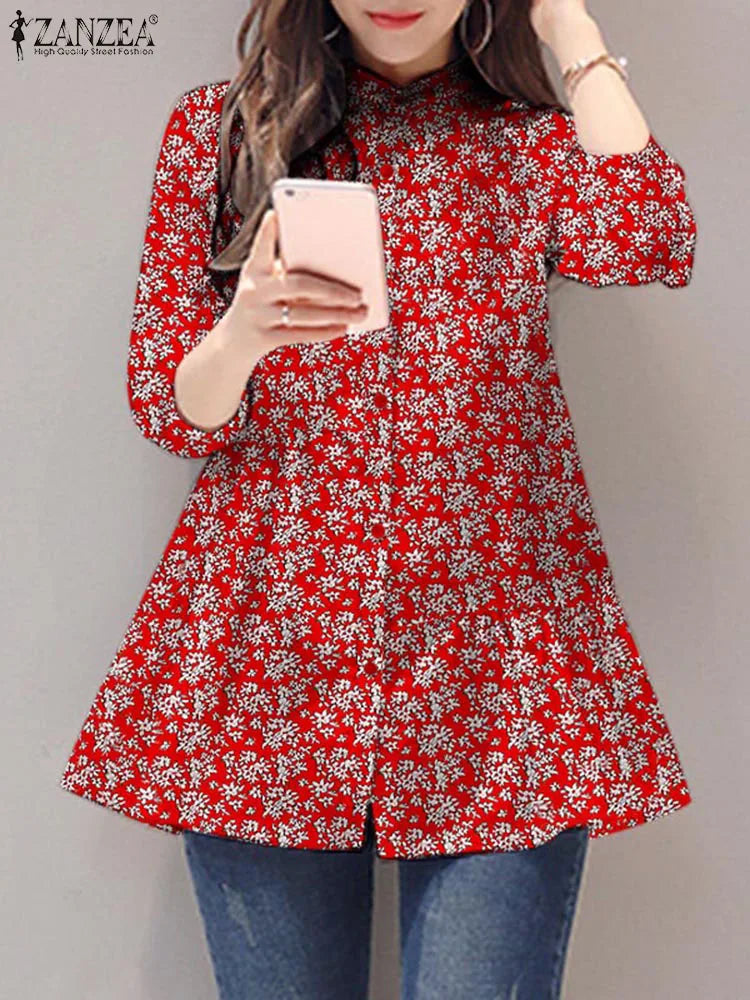 ZANZEA 2024 Summer Shirt Women Floral Prined Bohemian Stand Collar 3/4 Sleeve Casual Vintage Elegant Blusas Loose Tunic Tops