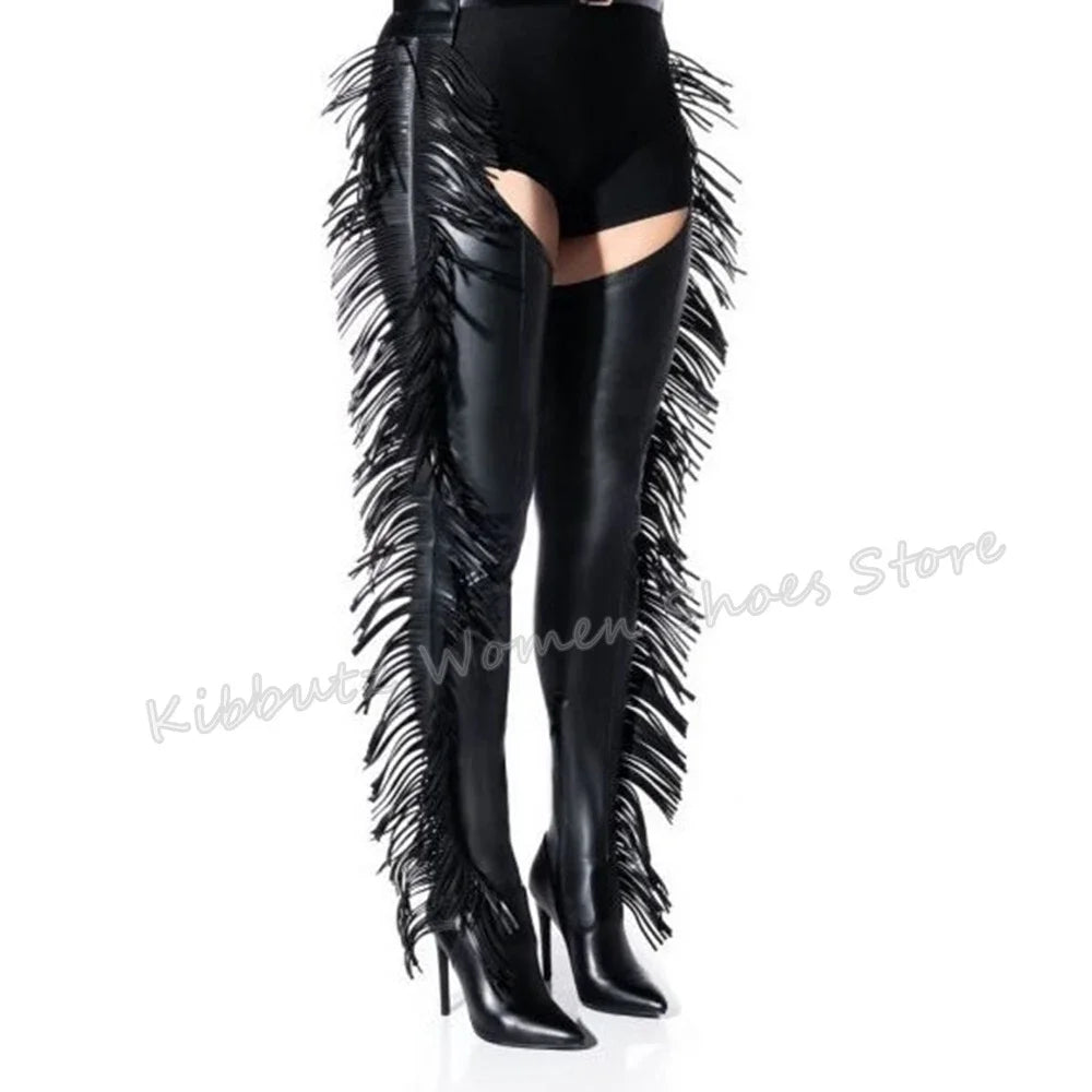 Fringe Belted Thigh High Boot Over The Knee Pointed Toe Thin Heel Side Zipper Solid Color Suede Fashion Novelty Concise Sexy New