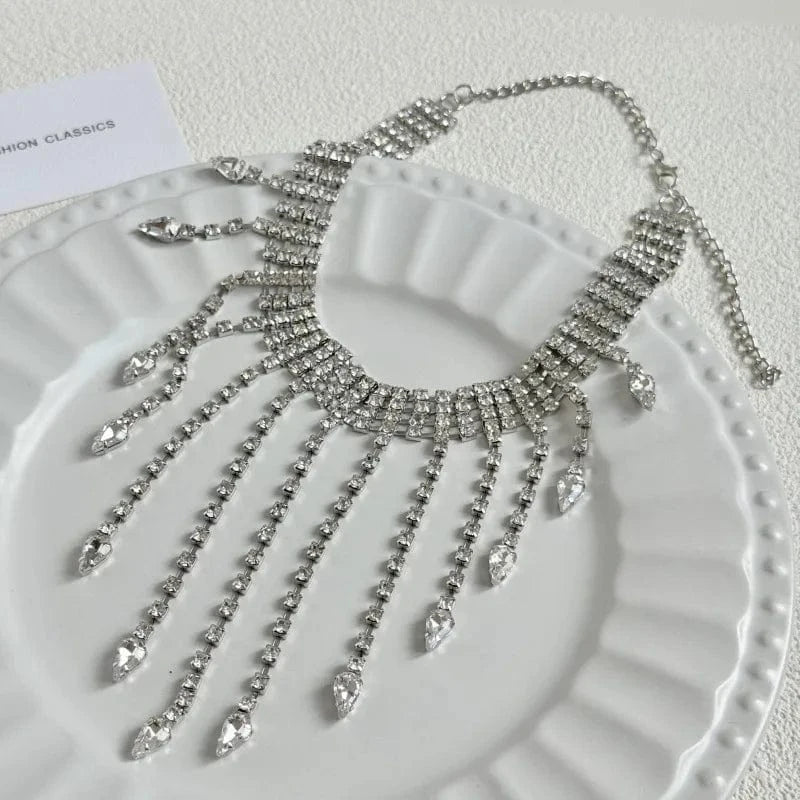 Luxury Crystal Exaggerated Water Droplet Tassel Necklace Women's Fashion Collarbone Chain