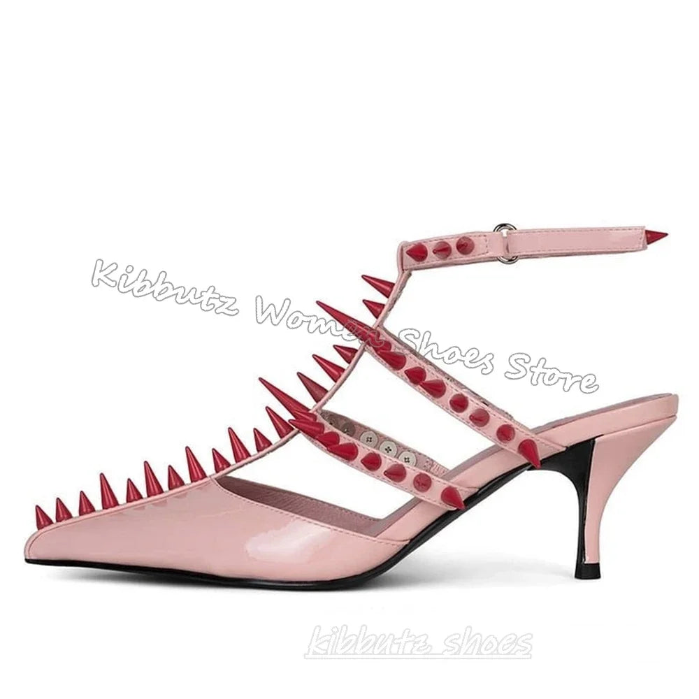 Rivets Pumps Women Shoes Gothic Rock Punk Pointed Toe Thin Heels Buckle Strap Fashion Novelty Sexy Elegant Leather Solid Color