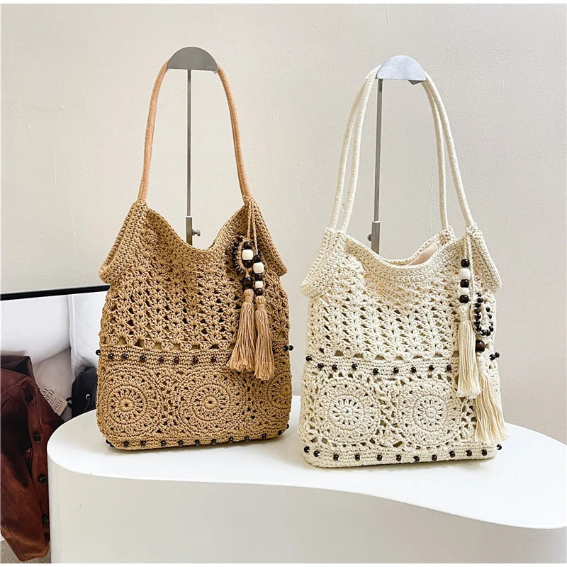 Hollow Crochet Women Bags Bohemian Large Capacity Handbags Korean Popular Bag New Tassel Cotton Shopping Bag Shoulder Bag Women