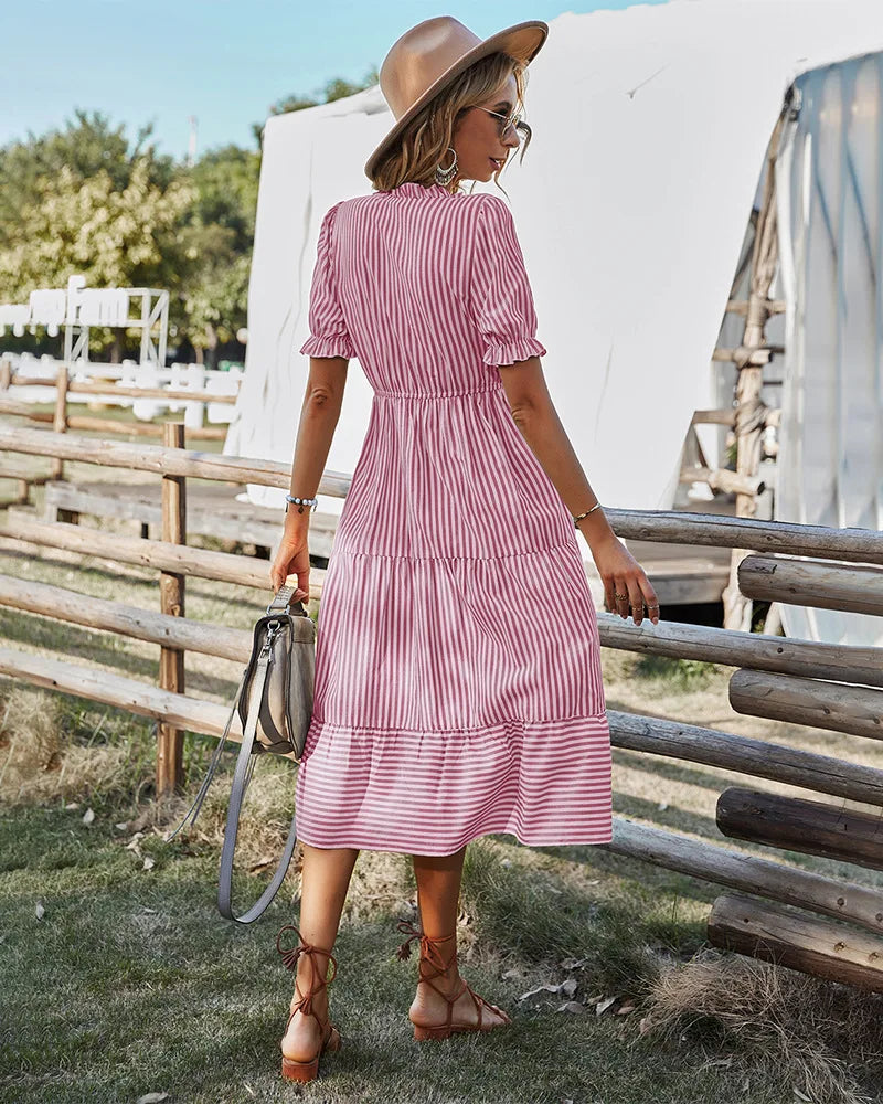 Summer Women's Striped Short Sleeve V-Neck Elastic Waist Dress