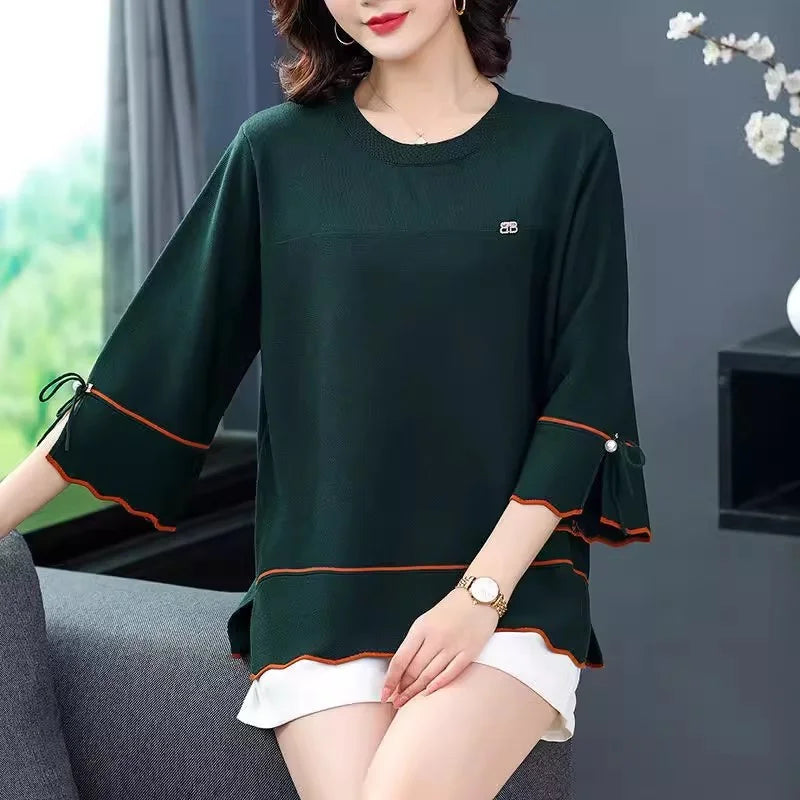 6XL Mom Large Summer New Ice Silk Shirt 3/4 Sleeves Round necked T-shirt Knit Sweater Loose Top For Wearing Outwear Top Black